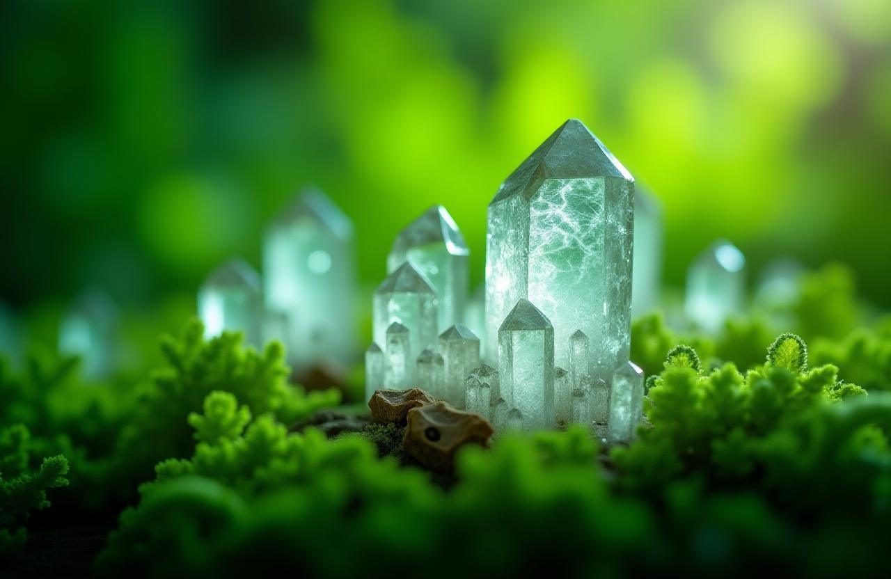 Macro shot of clear quartz crystals entwined with lush green fern leaves